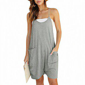 Women Summer V Neck Sleeveless Adjustable Spaghetti Straps Rompers with Pockets‎